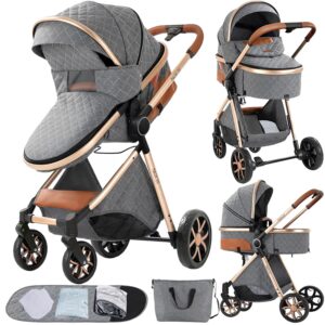 2 in 1 Baby Stroller with Bassinet Convertible Reversible Standard Baby Pram Portable Pushchair Infant Buggy Baby Carriage Foldable High Landscape Pram for Toddler Newborn (2USV9-GREY)