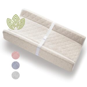 Organic Cotton Contoured Baby Changing Pad w/Waterproof Foam Mattress, Includes Soft, Removable & Washable Cover, Safety Strap, Non-Slip Bottom, Topper for Standard Size Infant Diaper Table & Dresser