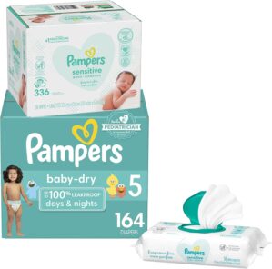 Diapers Size 5, 164 Count and Baby Wipes – Pampers Baby Dry Disposable Baby Diapers, ONE MONTH SUPPLY with Baby Wipes Sensitive 6X Pop-Top Packs, 336 Count (Packaging May Vary)