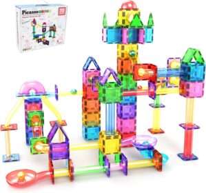 PicassoTiles 70 PCs Marble Run Maze Race Track Magnetic Tiles Magnet Building Block Educational Construction Toy Playset STEM Learning Kit Child Brain Development Hand Eye Coordination Training PTG70