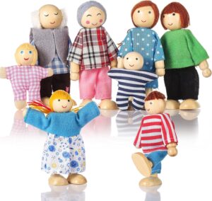 Wooden Doll House People of 8 Figures, Dolls Family Set for Girls Toddler Kids Dollhouse Accessories Toy