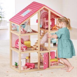 Tiny Land Wooden Dollhouse for Girls – 6 Rooms Wooden Doll House, DIY Pretend Dream House with 30Pcs Furniture Accessories, Gift for Girl Ages 3+