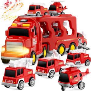 Toddlers Fire Truck for Kids 3-9 Year Old，5 in 1 Friction Power Vehicle Car for 3 4 5 6 7 Years Old Boys Girls，Carrier Truck Transport Toys for Christmas and Birthday Gifts