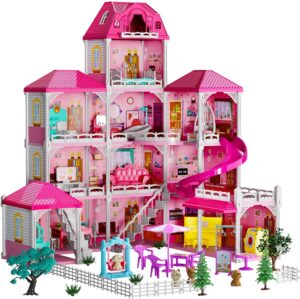 TEMI Villa Toys for 3 4 5 6 7 8 Years Old Girls – 4 Storeys 12 Rooms, Indoor Playset with 2 Dolls Toy Figures, Toys Furniture and Accessories, Pretend Girls Plays, Building Toys, Gifts Toy
