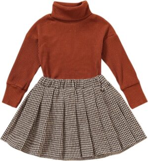 Fernvia Toddler Baby Girl Fall Winter Skirt Set Turtleneck Ribbed Long Sleeve T-Shirt Top & Plaid Skirts Dress 2Pcs Outfits