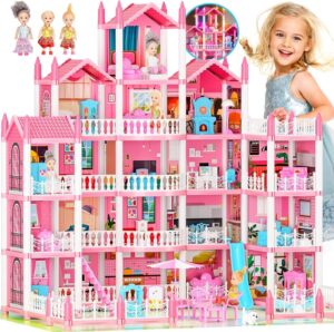 5-Story Dream Doll House for Girls with 19 Rooms, Lights, Dolls, and Furniture – Large DIY Playhouse for Grils Ages 3-16 – Perfect Imaginative STEM Gift for Birthdays & Holidays & Christmas