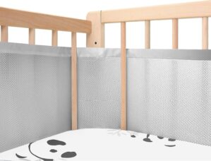 Upgraded Breathable Mesh Crib Liner, More Straps for Fixing Crib Mesh Line, Covers 4 or 3 Sides Baby Bed, 3mm Breathable Mesh Ensures Easy Breathing, Grey