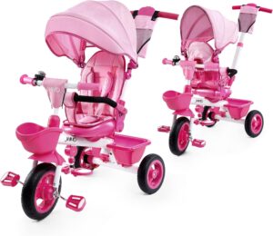 JMMD Baby Trike, 6-in-1 Kids Tricycle with Adjustable Push Handle, Removable Canopy, Safety Harness for 18 Months – 5 Year Old, Pink
