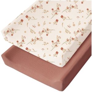 Konssy Muslin Changing Pad Cover for Baby Girls Boys, 100% Cotton Fitted Diaper Chang Table Covers, Soft Breathable Changing Pad Sheets, 2 Pack (Chestnut, Posy)