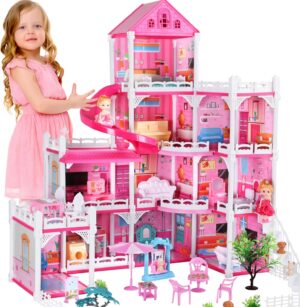 Doll House for Girls,10 Rooms Dollhouse with Dolls Figure, Puppies,Furnitures, Accessories, Kids Playhouse for for 3 4 5 6 7 8 9 10 Year Old
