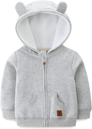 Baby Hoodie Sherpa Lined Zip up Light Fleece Jacket Solid Bear Coat Fall Winter 3-24 M