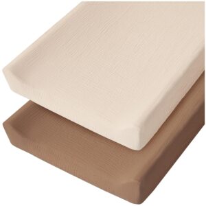 Konssy Muslin Changing Pad Cover for Baby Girls Boys, 100% Cotton Fitted Diaper Chang Table Covers, Soft Breathable Changing Pad Sheets, 2 Pack (Brown,Cream)
