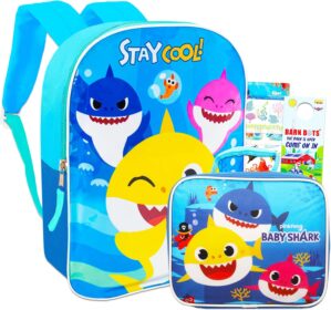 Baby Shark Travel Bag Backpack with Baby Shark Lunch Bag for Boys Girls – Baby Shark School Backpack Bundle with Baby Shark Lunch Box, Reward Stickers, and More (Baby Shark School Supplies)