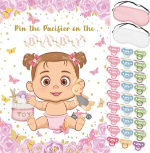 Pin The Pacifier On The Baby Game, Pink Baby Shower Decoration Pin Pacifier on Baby Poster Game with 48 Pacifier Stickers Game for Baby Shower Party Birthday Party Supplies