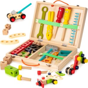 KIDWILL Kids Tool Set with Tool Box & DIY Stickers, Pretend Play STEM Construction Kits for Toddlers 3-5, Montessori Toys for 3 4 5 Year Old, Wooden Play Tools Set, Toddler Boy Toys