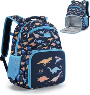 mommore 2-in-1 Kids Backpack, Insulated Lunch Compartment Dinosaur Toddler Backpack Kindergarten Preschool Bookbag for Boys, Lightweight Daycare Backpack with Chest Strap, Blue