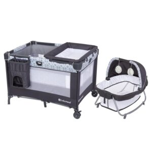 Baby Trend Nursery Den Playard with with Rocking Cradle, Snooze Pod, Flip Over Changer, Pebble Stone Grey