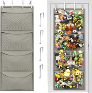 Honeyera Storage for Stuffed Animal – Over Door Organizer for Stuffies, Baby Accessories, and Toy Plush Storage/Easy Installation with Breathable Hanging Storage Pockets (Gray)