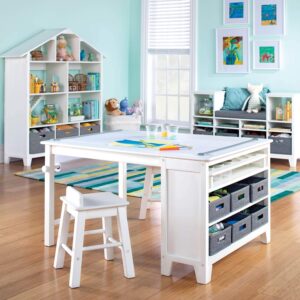 Martha Stewart Kids’ Art Table and Chair Set – Creamy White: Wooden Kids Play Table for Arts and Crafts| Coloring Desk with Paint Cups, Paper Roll and Craft Supplies Storage Bins| Kids Activity Table