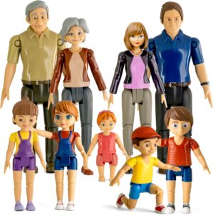 Dollhouse People, Bendable Dollhouse Family Set – 9 Poseable Figures Including Grandpa, Grandma, Mom, Dad, Sister, Brother, Cousins, and a Baby Girl – Perfect for Dollhouse Play and Imaginative Fun
