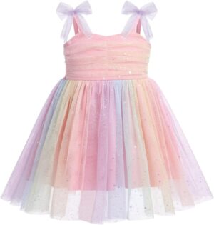 Toddler Baby Girl 1st Birthday Outfit Summer Sundress Clothes Rainbow Floral Tulle Tutu Dress Cake Smash Photoshoot