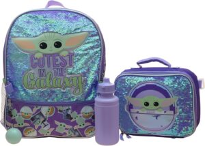 Disney’s Mandalorian Baby Yoda Girls 4 Piece Backpack set, Flip Sequin School Bag with Front Zip Pocket, Mesh Side Pockets, Insulated Lunch Box, Water Bottle, and Squish Ball Dangle, Purple
