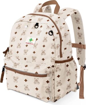 Kids Backpacks for Girls & Boys, Unisex Preschool Daypack, Beige Cartoon Pattern, Zipper Closure, Shoulder Straps, 14″ H, Medium (14″ H), 1 L, Modern Style