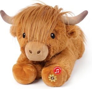 Music Highland Cow Brown Stuffed Animals for Kids, Farm Cow Plush Toy for Anxiety with Mooing Sound, Soft Cuddly Plushie Toys Gift for Boys Girls, Decoration Bedtime Highland Cattle, 14 Inches