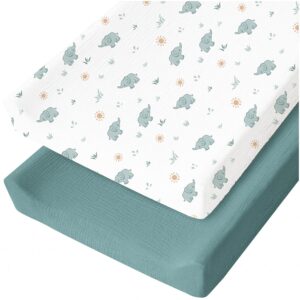 Konssy 2 Pack Muslin Changing Pad Cover for Baby Girls Boys 100% Cotton Fitted Diaper Changing Table Cover Set, Soft Changing Pad Sheets (Elephant,Teal)