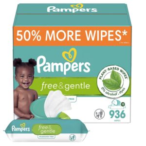 Pampers Baby Wipes, Free & Gentle, Hypoallergenic and Unscented Wipe, 100% Plant Based, Plastic-Free for Babies, 936 Total (12 Flip-Top Packs)