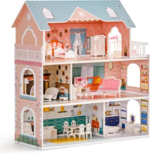 ROBUD Wooden Dollhouse for Kids Girls, Toy Gift for 3 4 5 6 Years Old, with Furniture
