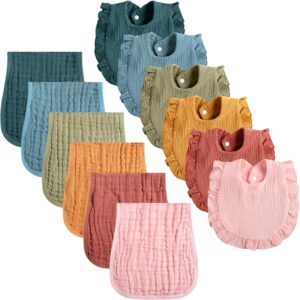 Newcotte 12 Pcs Baby Muslin Bibs and Burp Cloths Set, Cotton Absorbent Baby Bibs for Girls Boys Unisex Burping Cloths for Babies Drooling Bibs Newborn Teething Bibs Soft Adjustable Baby Drool Bibs