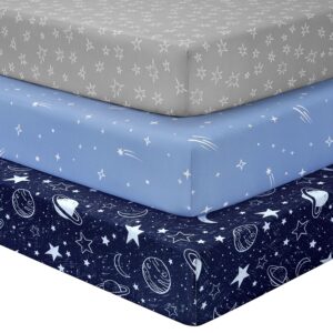 Baby Crib Sheets for Boys Girls, Fitted Crib Sheet Neutral 3 Pack for Standard Crib and Toddler Mattress, Breathable Soft Microfiber Baby Sheet 28x52x8in Blue Gray Planet