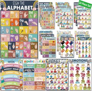 YIYDONG 24 Boho American Sign Language Posters for Kids, Sign Language for Babies & Toddlers, ABC Sign Language Flash Cards, ASL Posters for Classroom Decor