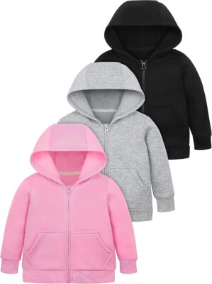 Cooraby 3 Pieces Baby and Toddler Girls Fleece Full-Zip Hoodies Lightweight Jacket with Pockets Winter Coat for Baby Girls