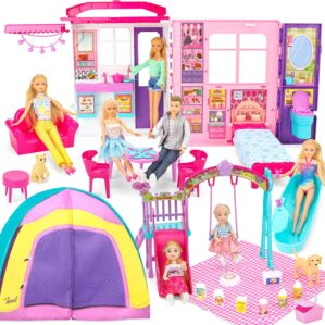 Doll House Portable & Foldable Dollhouse w/ 60+ Pcs & 2 Dolls, Play House Toy with Bedroom Kitchen Furniture Camping Playset, Playhouse Birthday Gift for Girl Kid Toddler