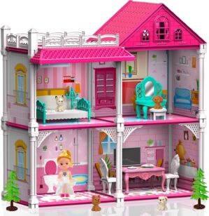 Princess’Castle House for Girls, Dollhouse Playset, 2-Story 4 Rooms Playhouse with 1 Doll Toy Figure and Furniture & Accessories, Toy Gifts for Kids 3 4 5 6 7 8 9+ Year Old