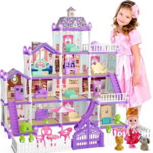 Doll House for Girls,13 Rooms Doll House with Dolls Figure, Puppies,Furnitures, Accessories, LED Light, Toddler Playhouse Gift for for 3 4 5 6 7 8 9 10 Year Old Girls Toys (Purple)