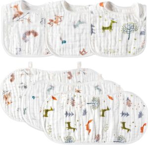 Zainpe 6Pcs Snap Cotton Muslin Baby Burp Cloths & Bibs Set Soft Absorbent Drooling Bibs Adjustable Face Towels