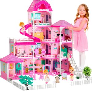 Doll House for Girls with Light,10 Rooms Dollhouse with Dolls Figure, Puppies, Furnitures, Accessories, Playhouse Gift for Kids 3 4 5 6 7 8 9 10 Year Old
