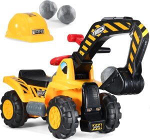 Play22 Toy Tractors for Kids Ride On Excavator – Music Sounds Digger Scooter Bulldozer Includes Helmet with Rocks – Pretend Play – Toddler Construction Truck