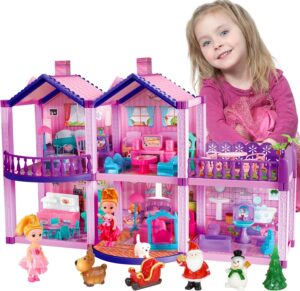 Doll House for Girls,6 Rooms Pink Dollhouse with Dolls Figure, Puppies,Furniture, Accessories, Kids Playhouse for for 3 4 5 6 7 8 9 10 Year Old