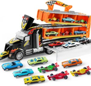 JOYIN Toy Truck for Kids,5-FT Race Track and 12 Die-Cast Metal Toy Cars, Racing Car with Lights & Sounds, Carrier Truck Playset Gift for 2 3 4 5 Years Old Boys and Girls-Black