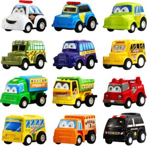 Funcorn Toys Pull Back Car, 12 Pack Assorted Mini Plastic Vehicle Set, Pull Back Truck and Car Toys for Boys Kids Toddler Party Favors,Die Cast Car Toy Play Set