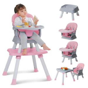 Baby High Chair,8 in 1 High Chairs for Babies and Toddlers,Convertible High Chair for Baby, Kids Learning Table,Building Block Table,Kids Stool Table Chair Set with Removable Tray（Pink）