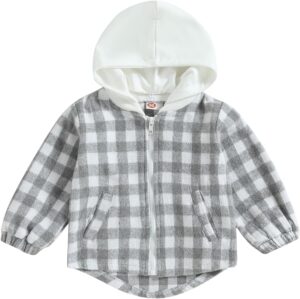 Toddler Baby Plaid Hoodies Long Sleeve Removable Flannel Jacket Infant Boy Girl Zip Up Hooded Sweatshirt Outerwear
