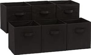 Amazon Basics Cube Organizer Storage Bins Handles, Collapsible Fabric, Pack of 6, 10.5″x10.5″x11″, Black