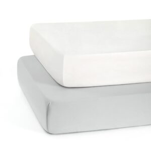 TILLYOU Baby Crib Sheets for Boys Girls, Fitted Crib Sheet 2 Pack for Standard Crib and Toddler Mattresses, Super Soft Toddler Bed Sheets, 28″x52″x8″, White & Gray