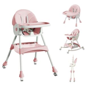 High Chairs for Babies and Toddlers, 4 in 1 Convertible Baby High Chair, Portable High Chair for Travel with Adjustable Height and Back, Foldable High Chair with Wheels& Pu Cushion