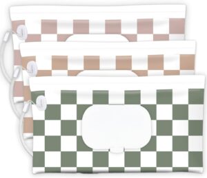 Baby Wipe Holder, 3-Pack Portable Refillable Wipe Dispenser, Waterproof & Dustproof Travel Baby Wipes Case, Reusable Diaper Wipe Container with Checkerboard Design
